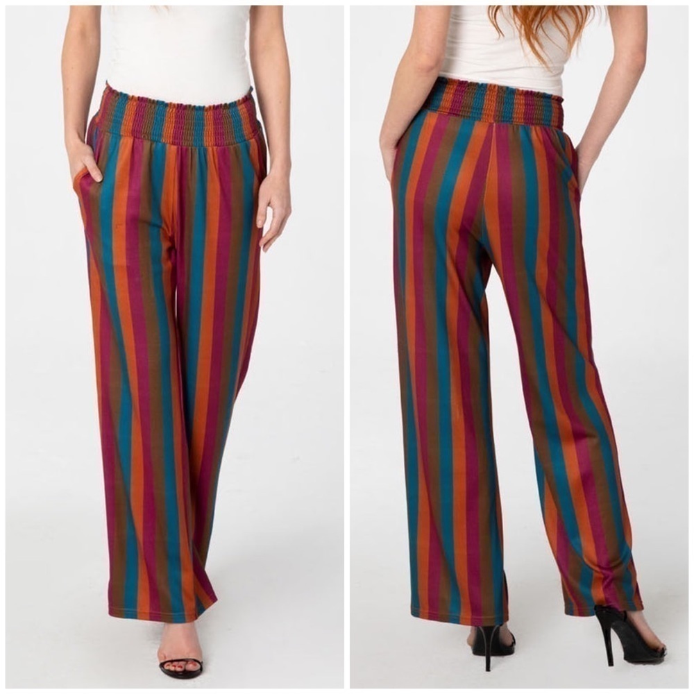 Miss Lulo Kai Autumn Stripes Wide Leg Pull On Pants Smocked Waist Sz XL